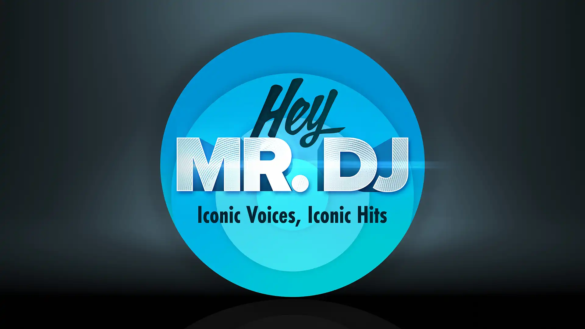 Art that says "Hey, Mr. DJ" with black and white font and blue-toned background.