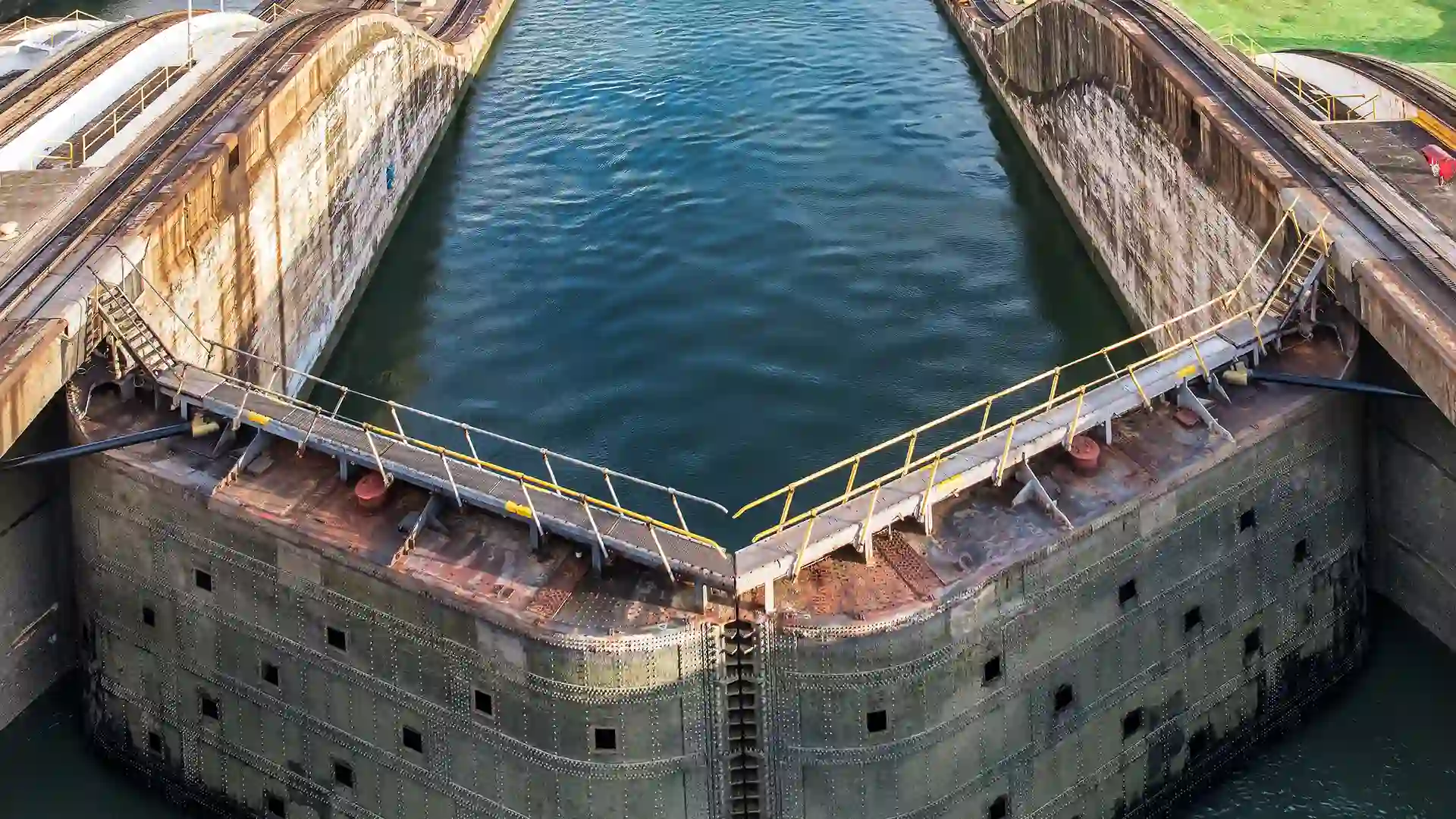 View of Gatun Locks in Panama Canal.
