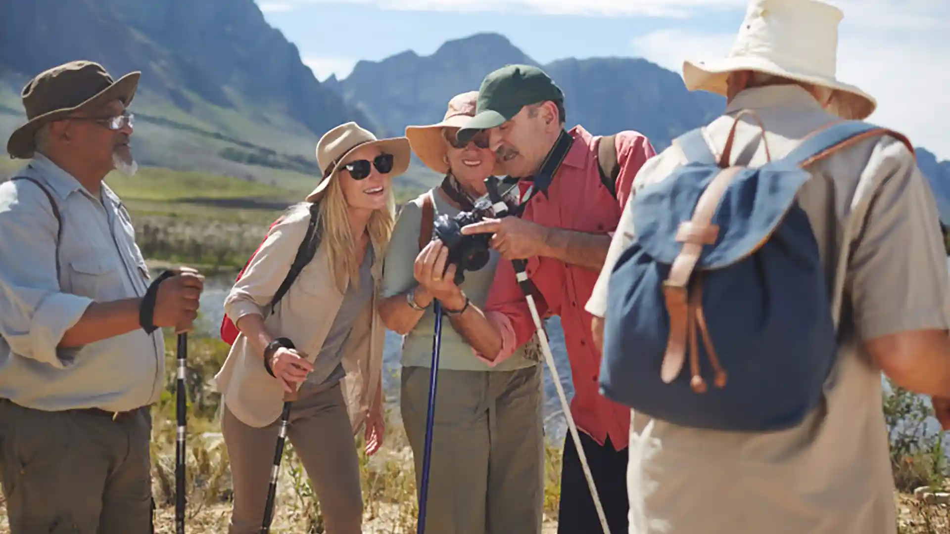 People gathered around camera on vacation, taking photos of landscape.