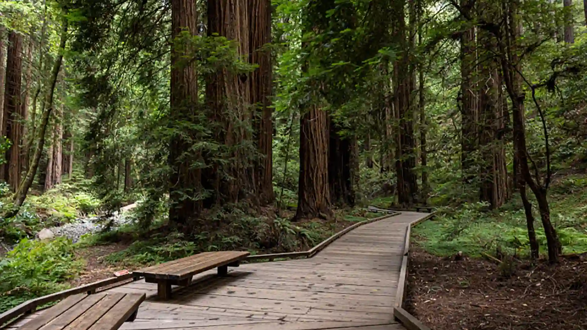 View of California redwoods and hiking trail at Golden Gate Park.