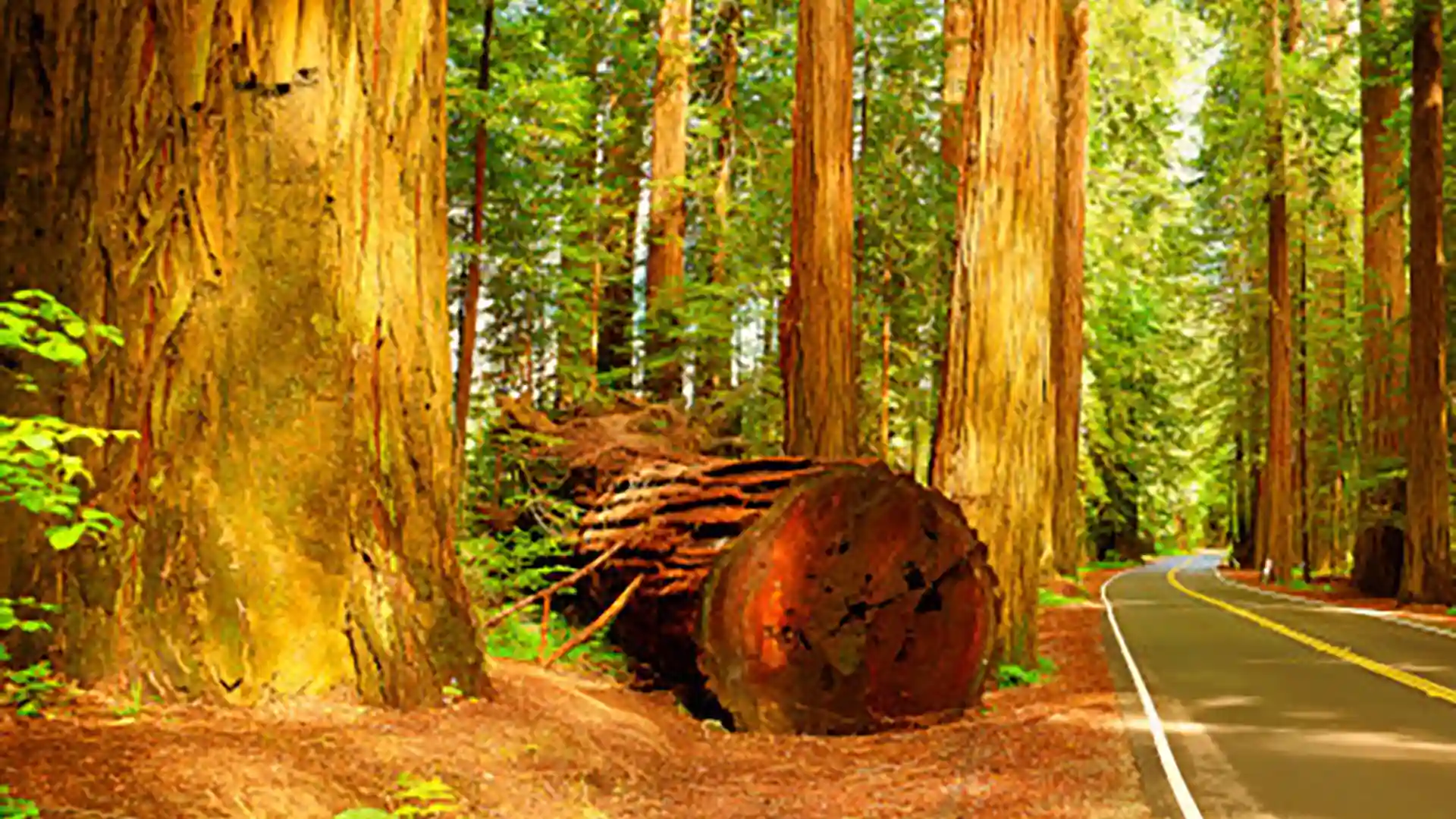 View of California redwoods forest highlighted by sunshine.