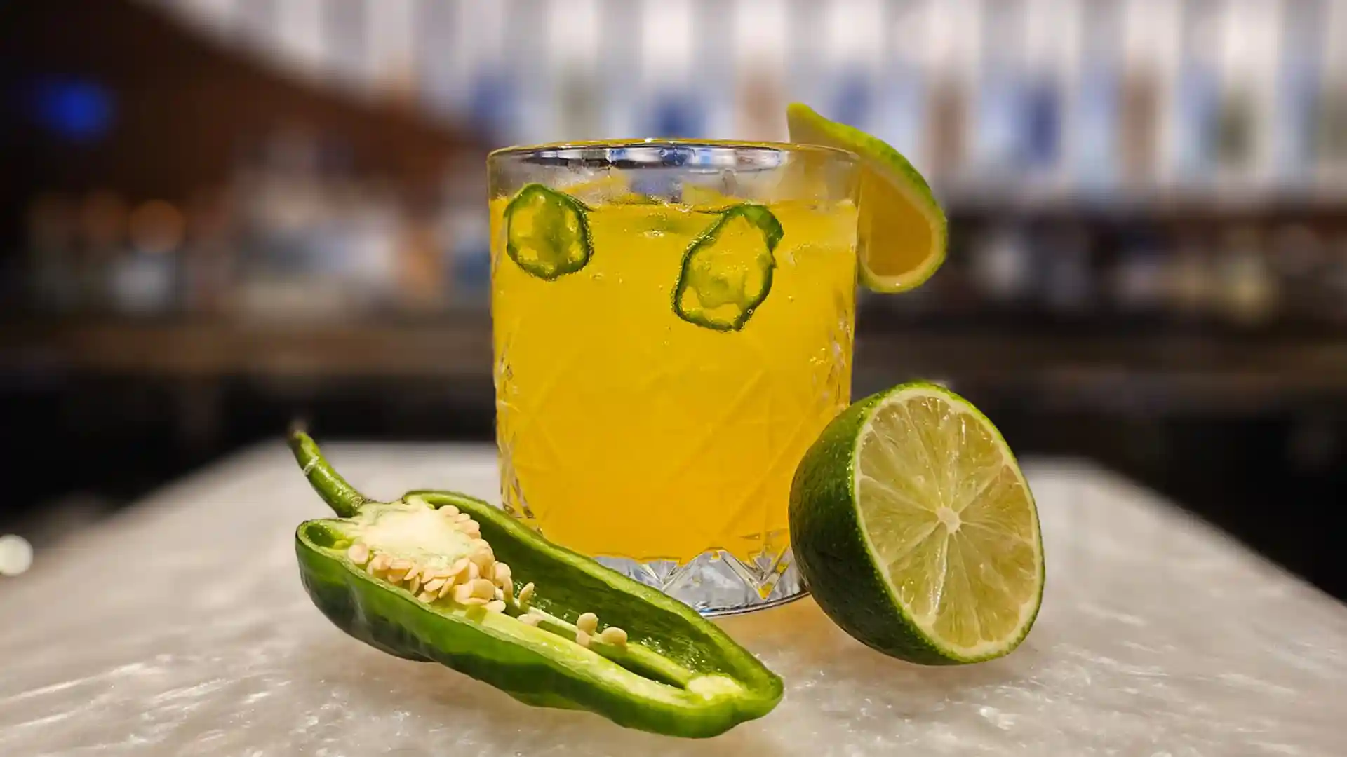 View of cocktail with jalapeno and lime flavors aboard Holland America Line cruise.