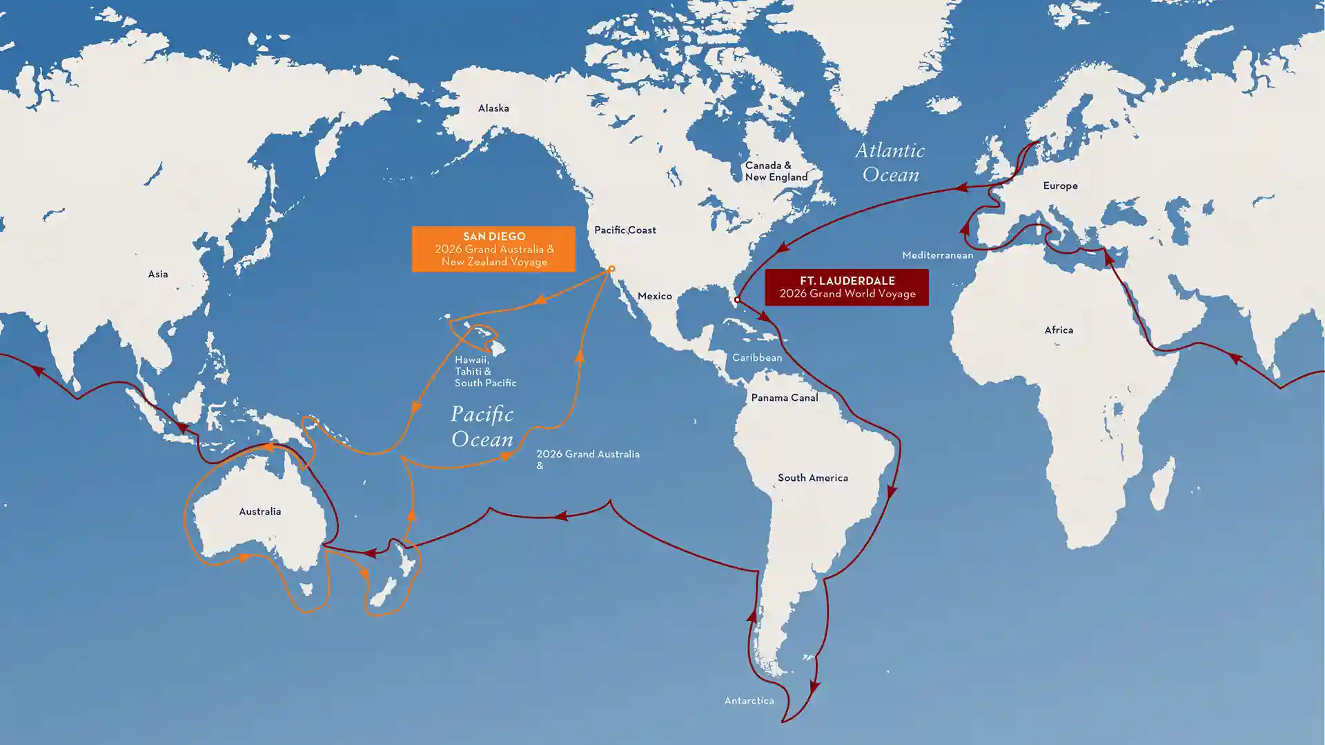 Holland America Line’s 2026 Grand Voyages View of Holland America Line's 2026 Grand Voyages map.