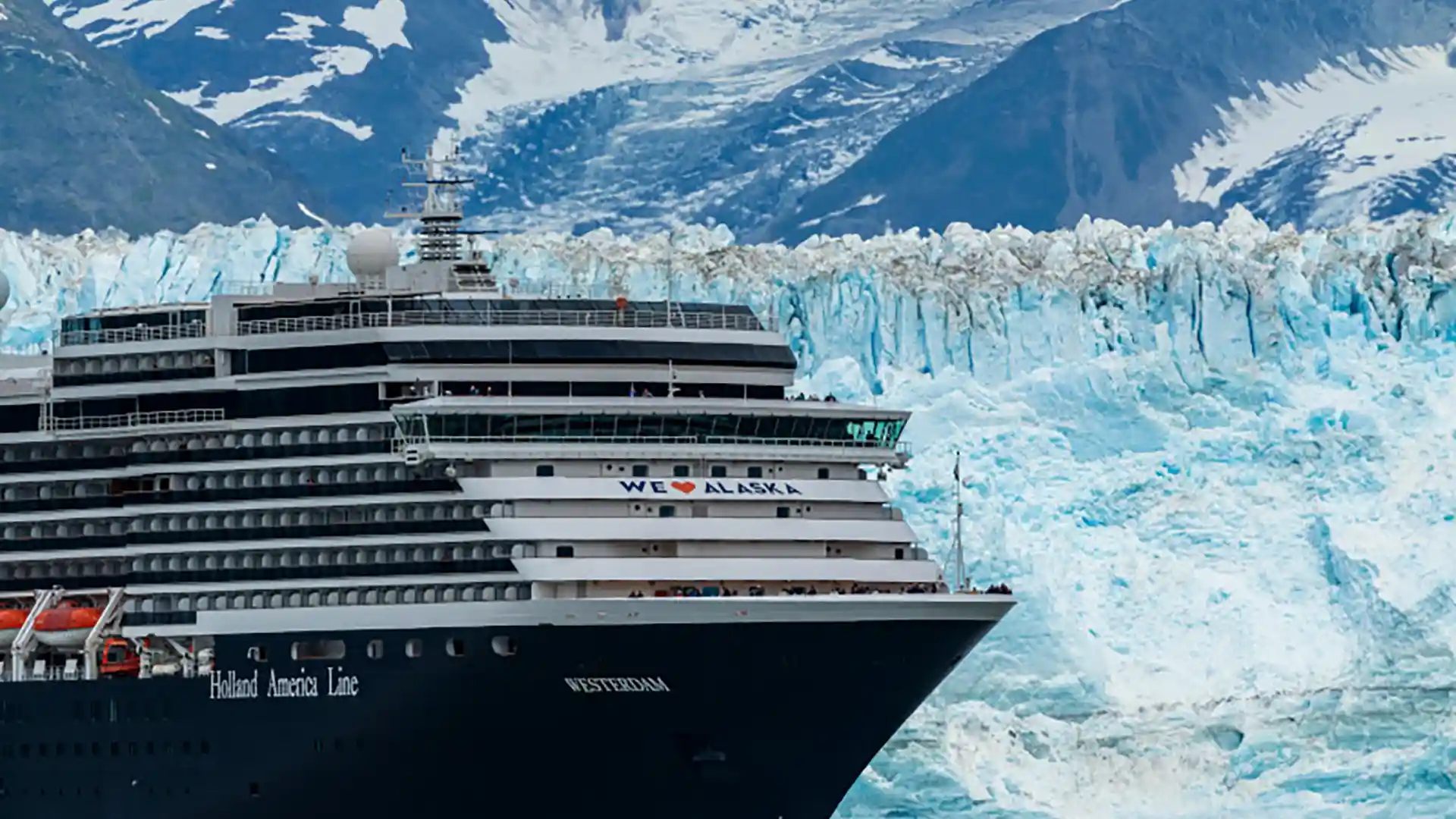 Alaska’s Glacier Bay View of Holland America Line cruise ship in Glacier Bay in Alaska.