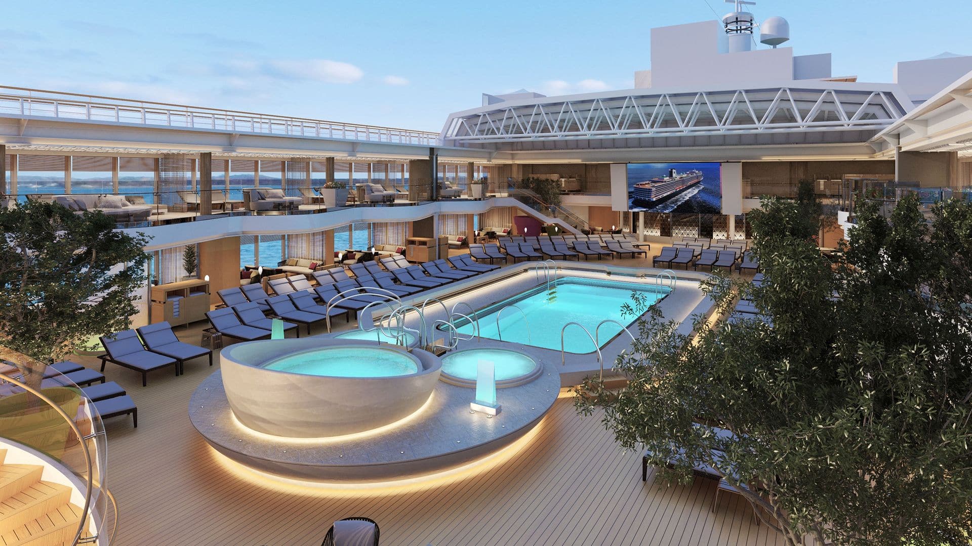 Holland America’s Lido Pool, lit up with the retractable roof open and a view of the sky.