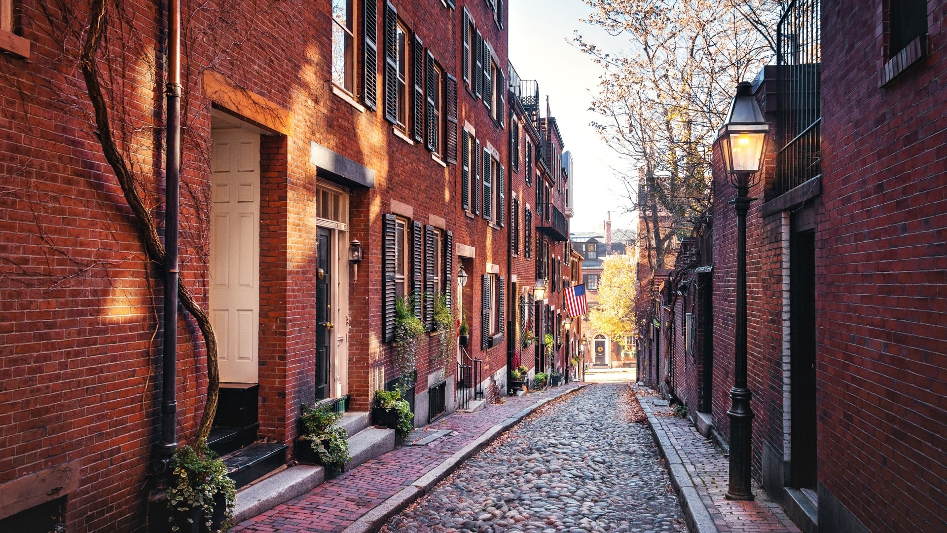 A cobblestone street with apartments and black shutters in Boston.