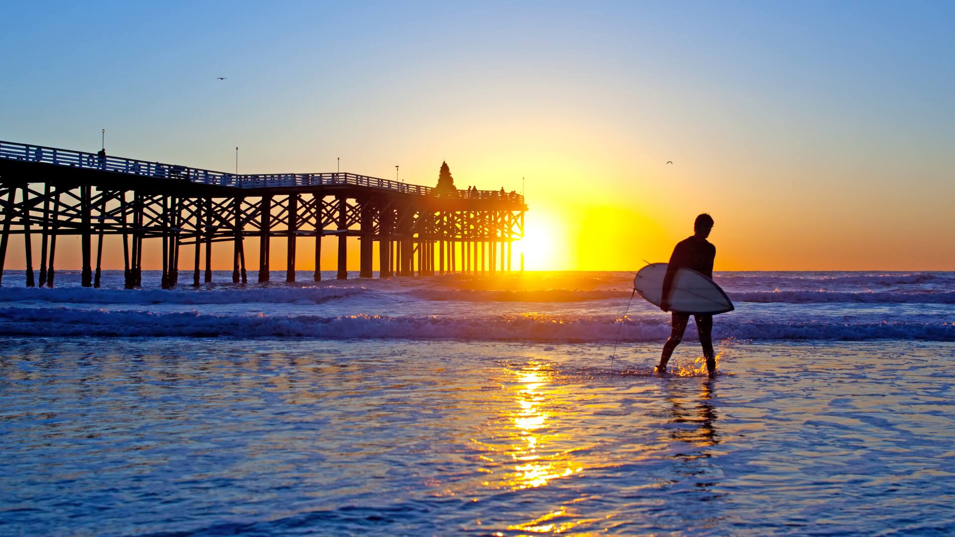 Surfer and board with a San Diego pier and sunset in the background.