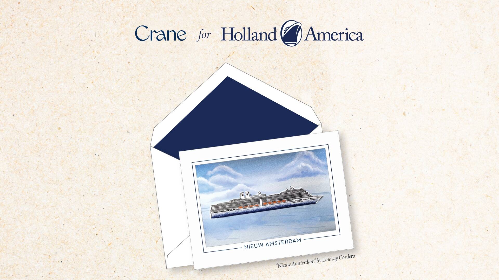 Stationery set with an illustrated Holland America cruise ship card and a blue‑lined envelope.