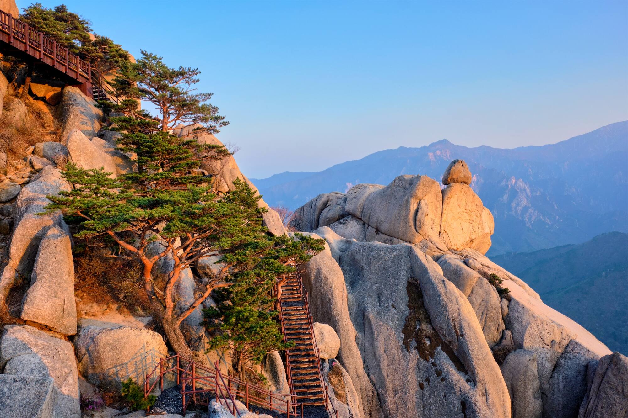 Wooden stairs winding along rocky cliffs with pine trees in a mountain landscape.