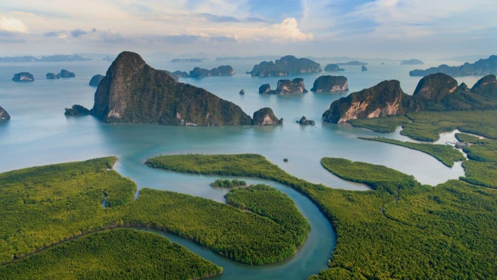 Coastal islands rise from calm waters beyond winding mangrove channels and shoreline wetlands.