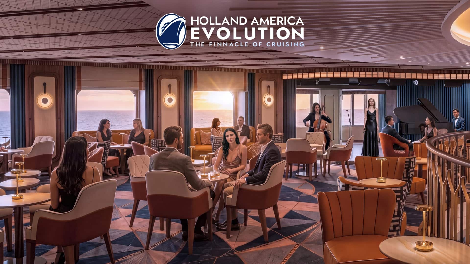 ocean-bar-announcement-blog-header Rendering of Holland America Evolution’s Ocean Bar, where guests relax in elegant seating as musicians perform beside panoramic windows at sunset aboard the ship.