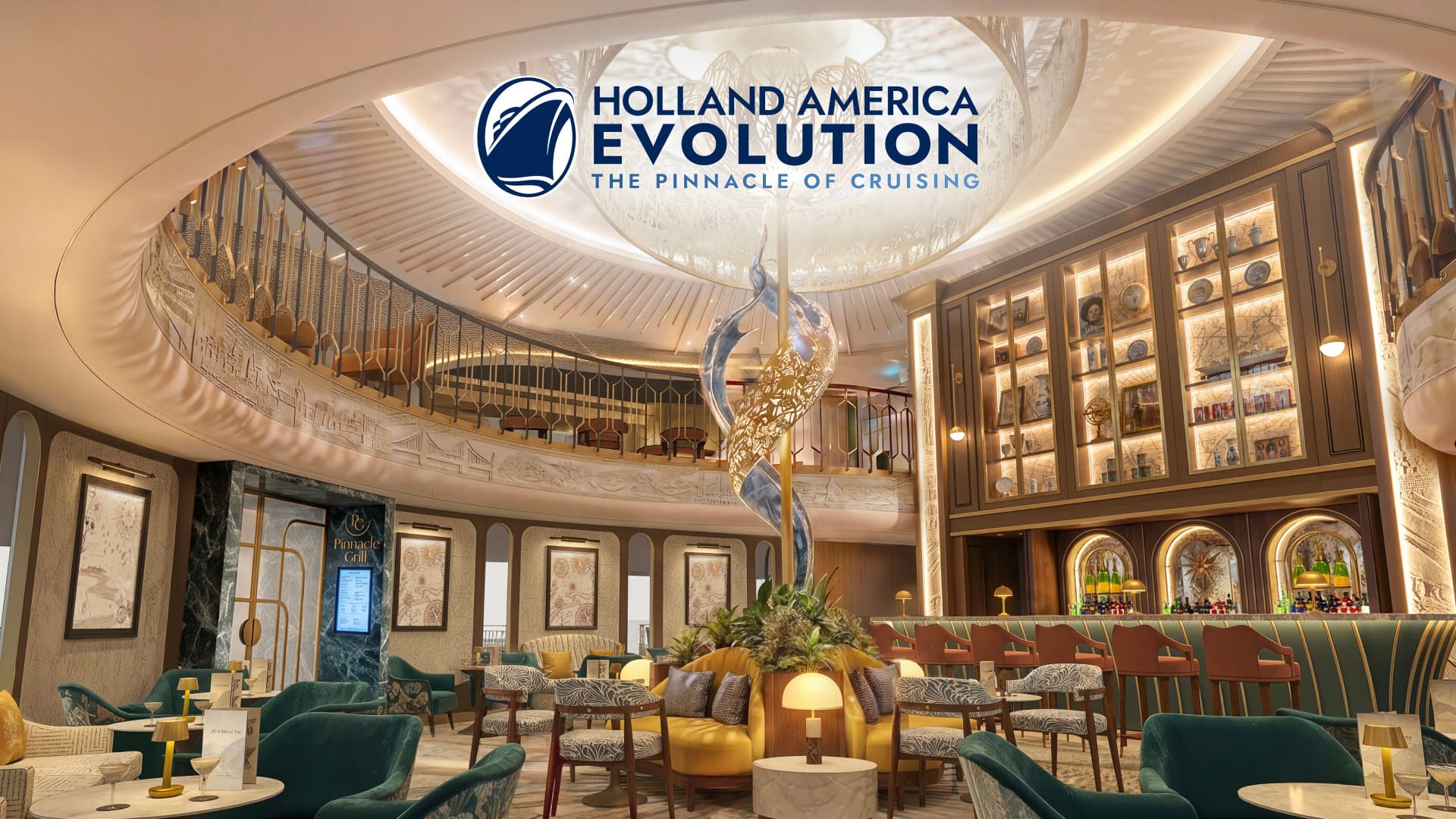 oosterdam-pevo-new-bar-1873-blog-header Elegant cruise ship bar, with teal seating, brass tables, a display cabinet, curved balcony, and central sculptural artwork beneath a domed ceiling and the text Holland America Evolution, the Pinnacle of Cruising.