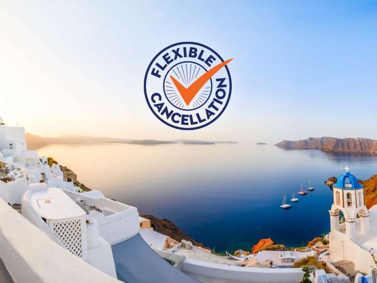 coast of santorini, greece with text reading 'flexible cancellation'