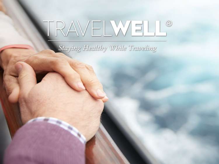 couple holding hands, text reads 'travel well - staying healthy while travelling'