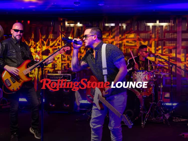 Rolling Stone Lounge and 3 men playing a guitar