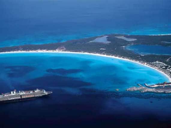 Aerial view of Hal Moon Cay island and Holland America cruise ship
