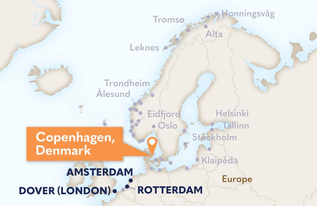 Map locating Copehagen, Denmark.