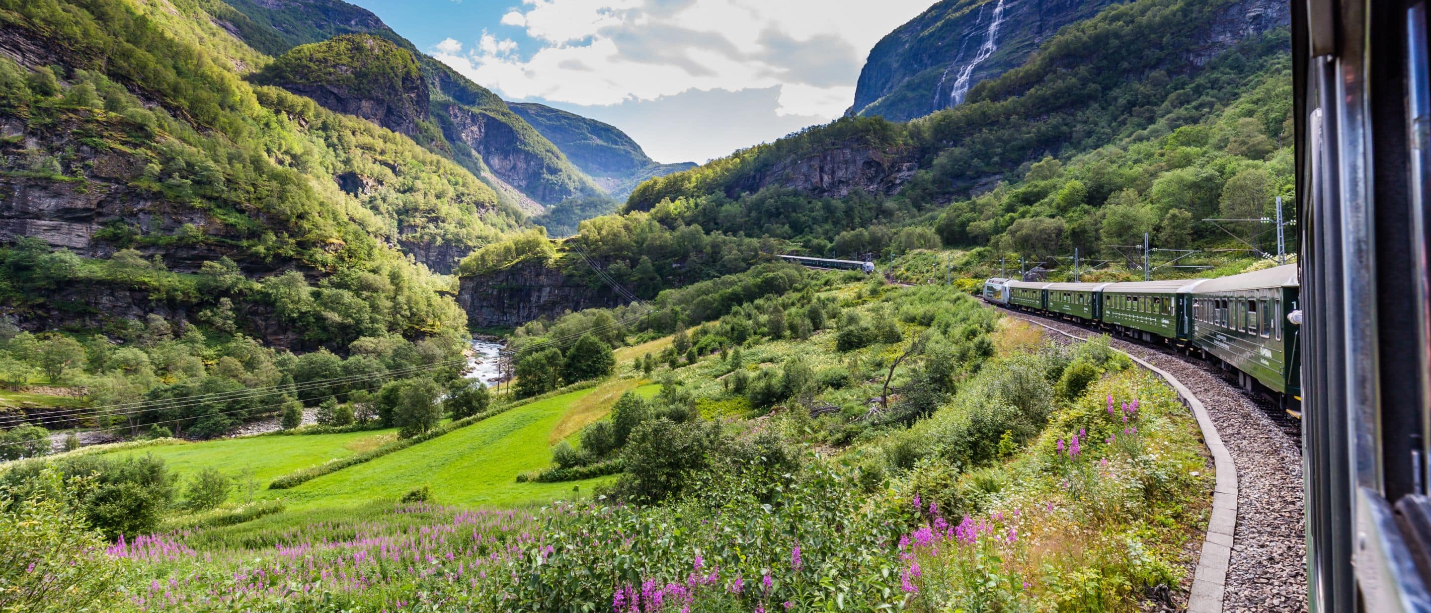 Train on Flåm Railway curving through a green valley in Norway.