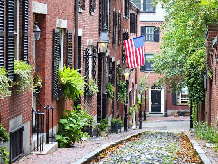 Street view of 19th-century brick homes in Boston