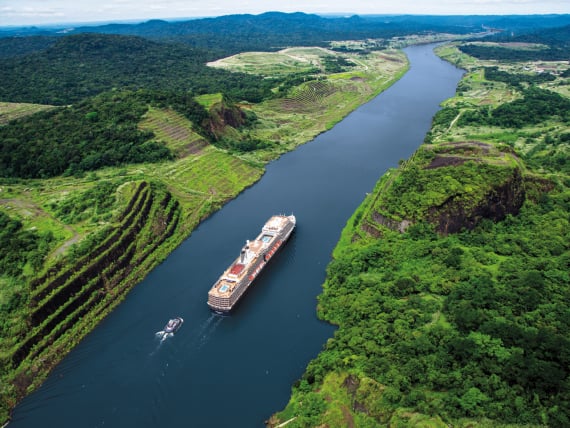 Aerial view of a Holland America Cruise Line ship on a Panama Canal cruise