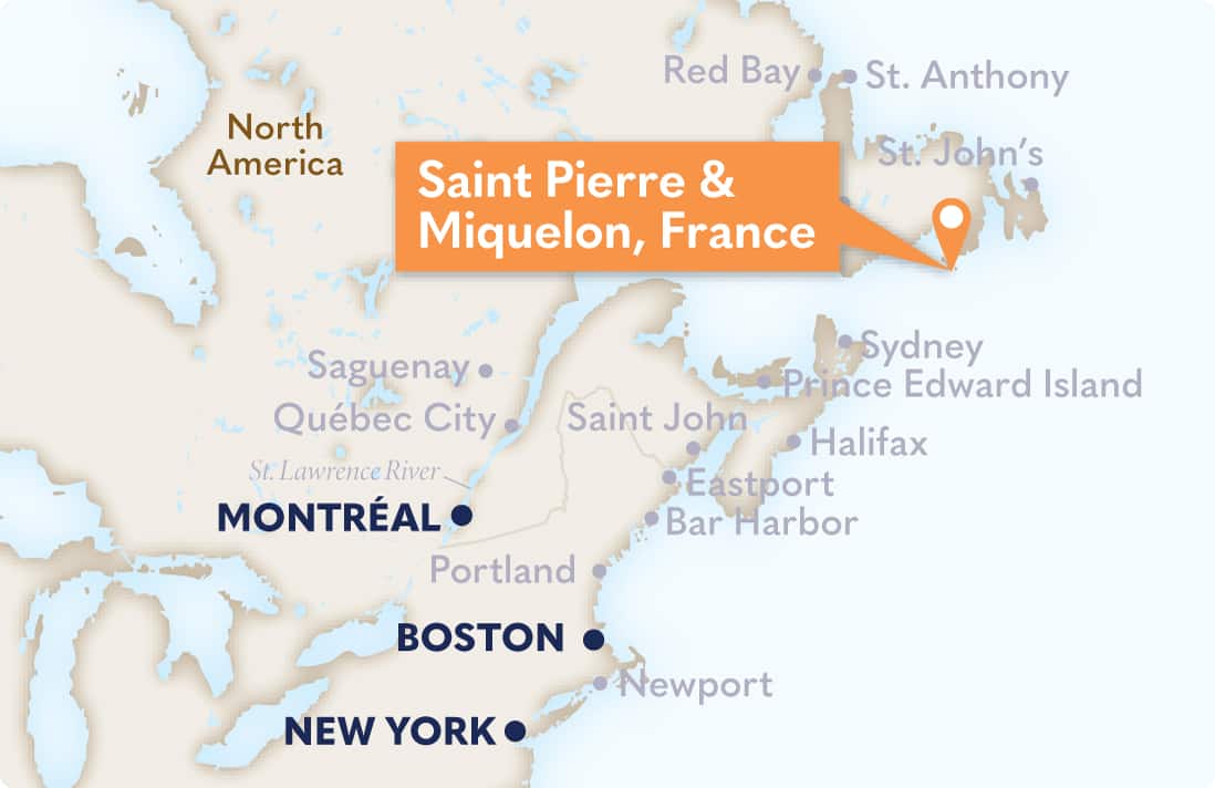 Map highlighting Saint Pierre & Miquelon, a self-governing territorial collectivity of France located in North America. 