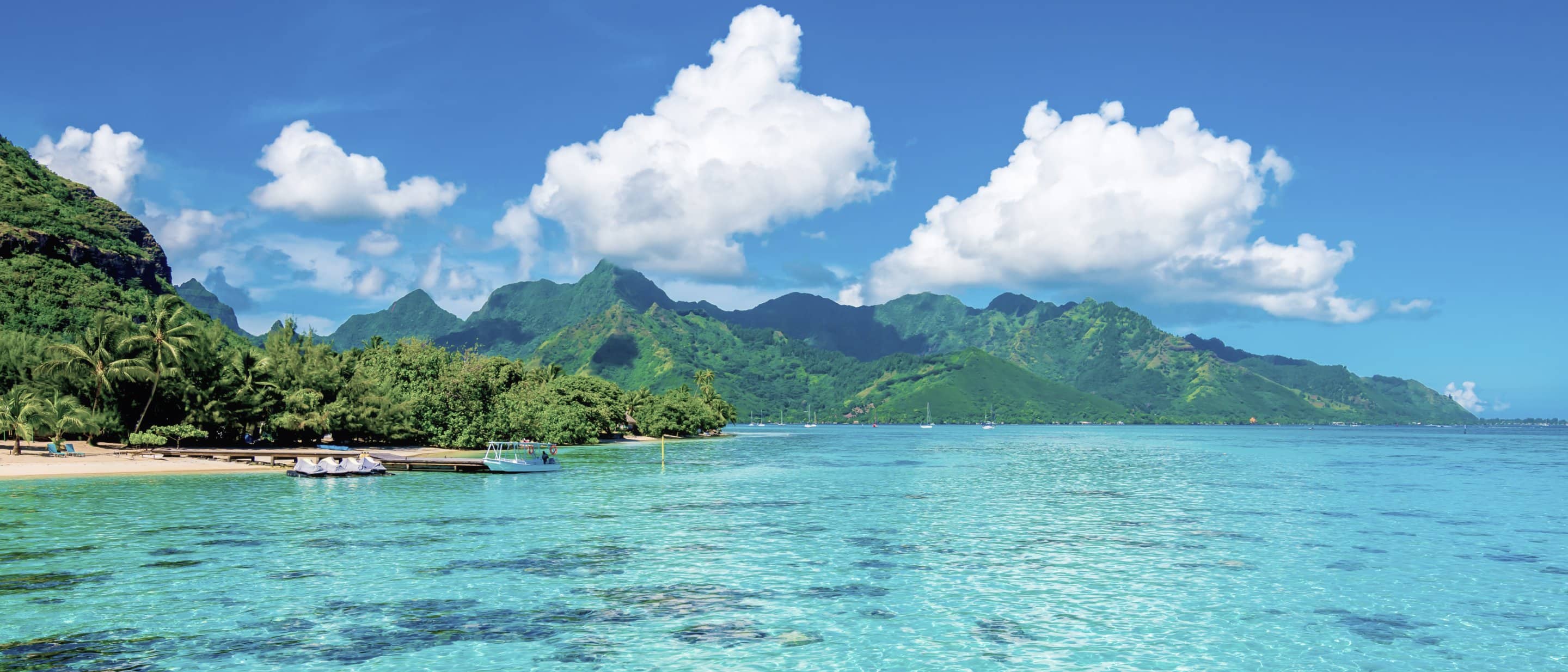 A catamaran docked at a small pier on the beach in Moorea, French Polynesia