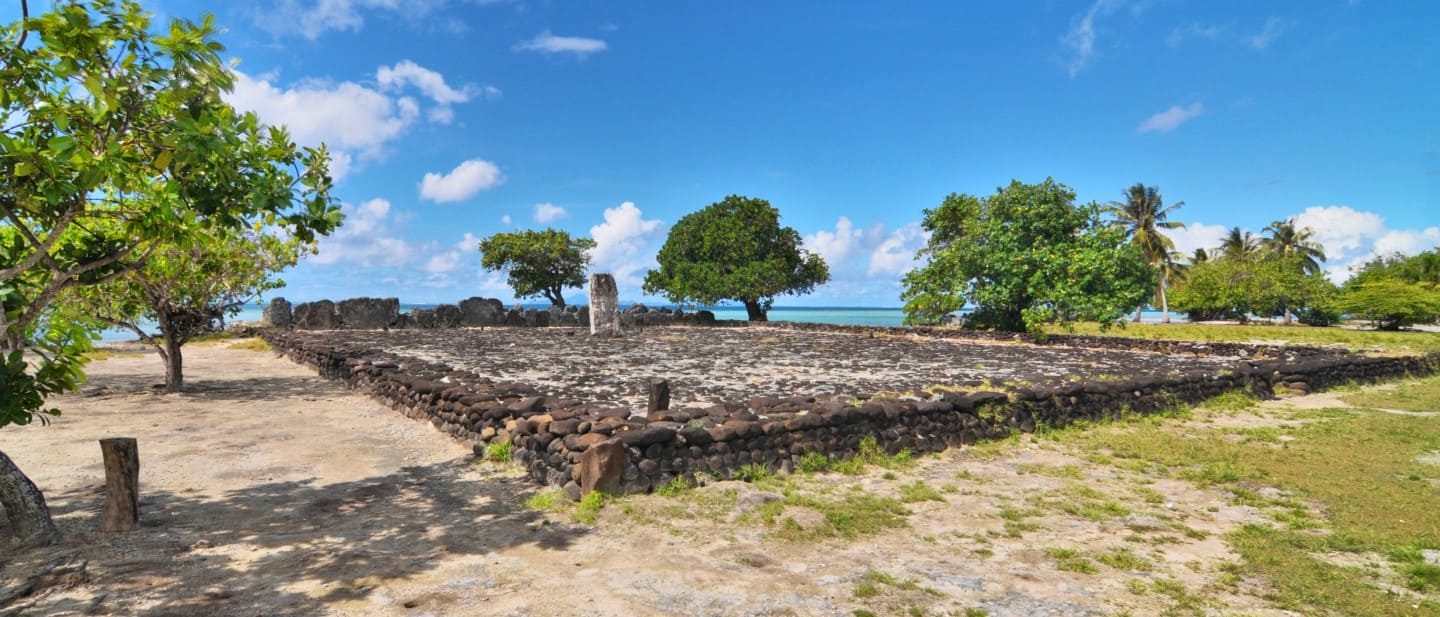 View of Taputapuatea Marae, a UNESCO World Heritage site located on Raiatea Island in French Polynesia.