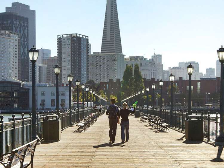 San Francisco pier looking toward the downtown skyline.