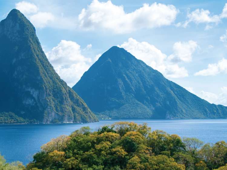 View from Soufriere Bay to The Pitons in Saint Lucia, Caribbean