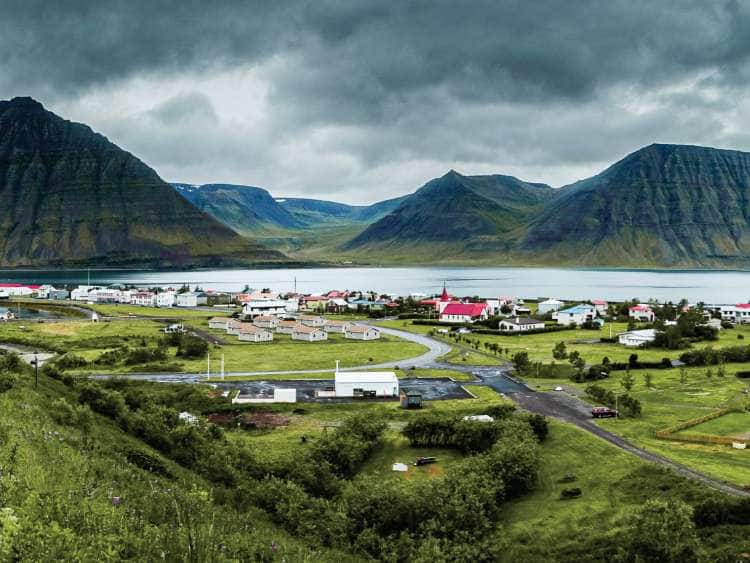 Wide angle view of Isafjördur town, Iceland