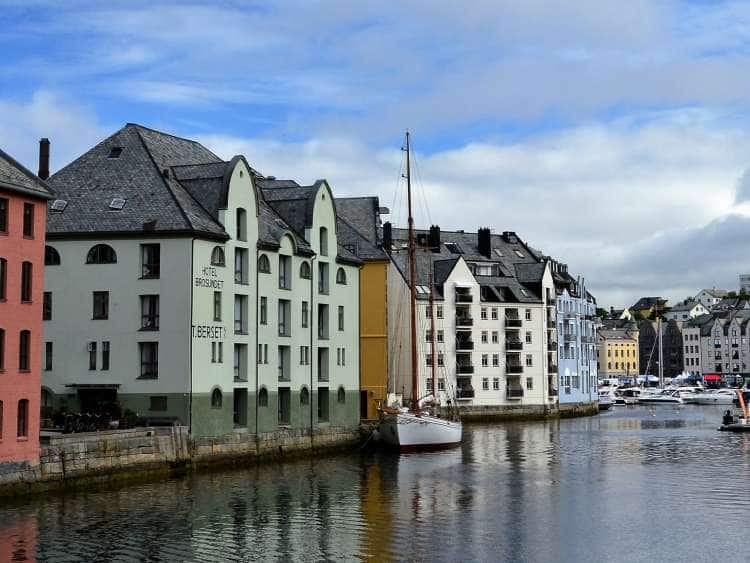 A view of the buildings along Port Alesund in Norway.