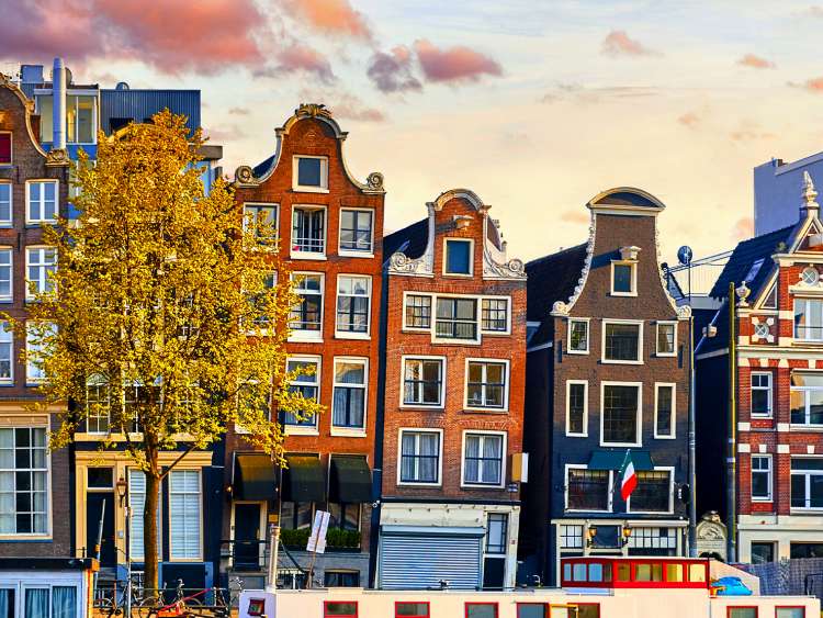 A view of the colorful houses along Port Amsterdam in the Netherlands.