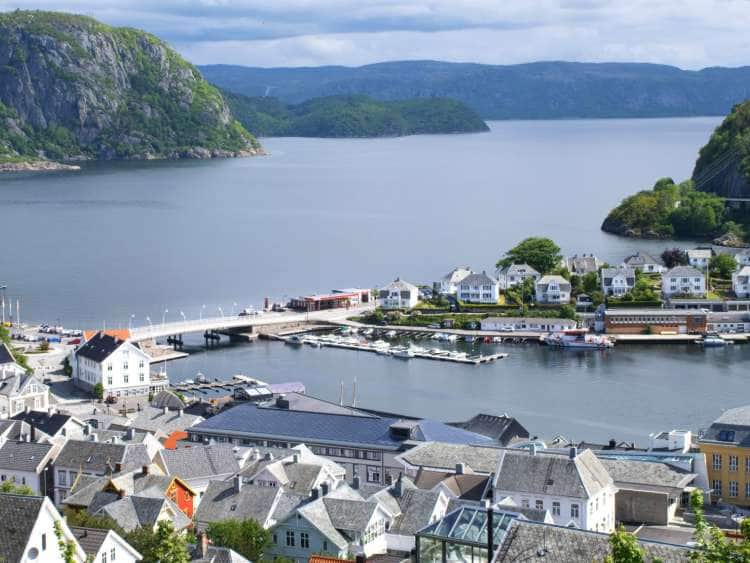 Panoramic view of Farsund, Norway surrounded by mountains and sea