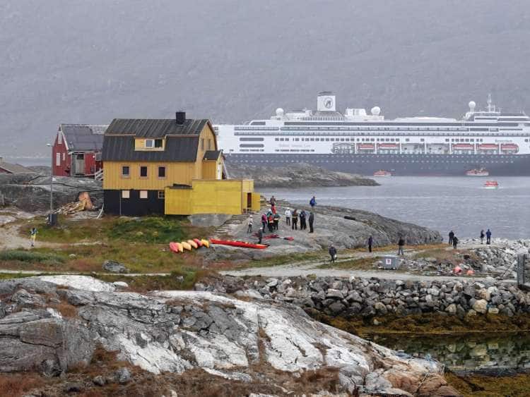 A view of a cruise ship off Port Manotalik in Greenland