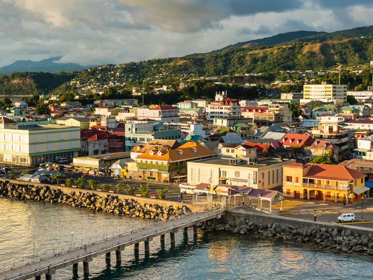 Cityscape view at sunset of Roseau port, Dominica
