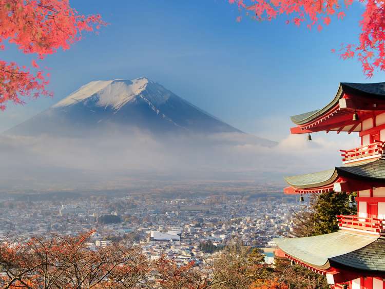 View of mount Fuji and Chureito Pagoda with autumn foliage, Japan