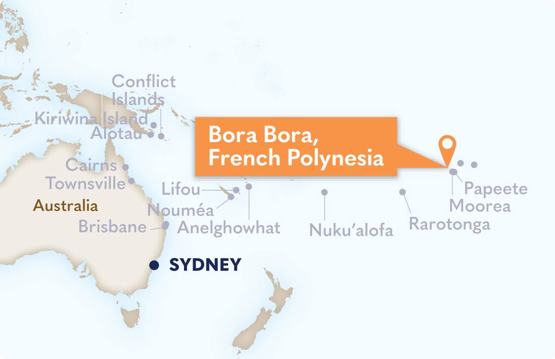 Map highlighting Bora Bora in French Polynesia with surrounding islands and Australia including Sydney.