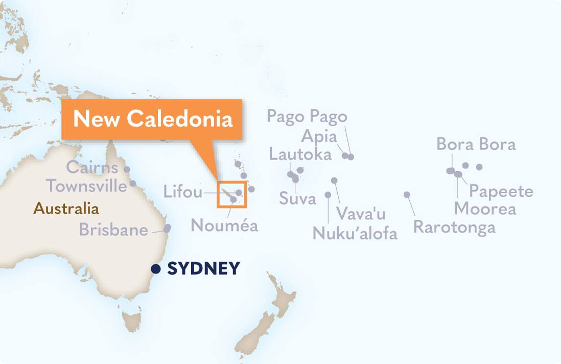 Map highlighting New Caledonia in the South Pacific with nearby islands and Australia including Sydney.