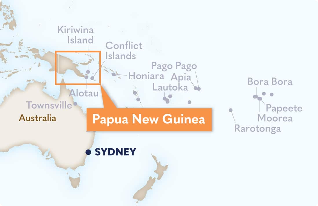 Map highlighting Papua New Guinea in the South Pacific with nearby islands and Australia including Sydney.