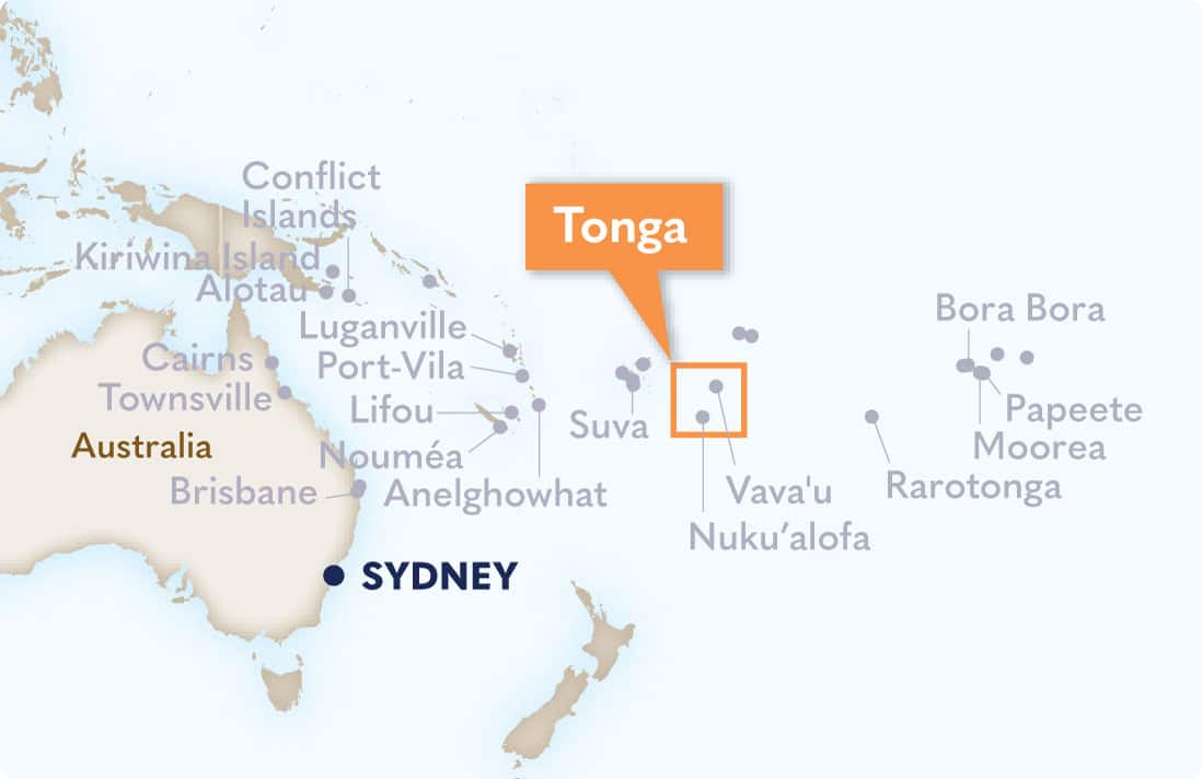 Map highlighting Tonga in the South Pacific with nearby islands and Australia including Sydney.