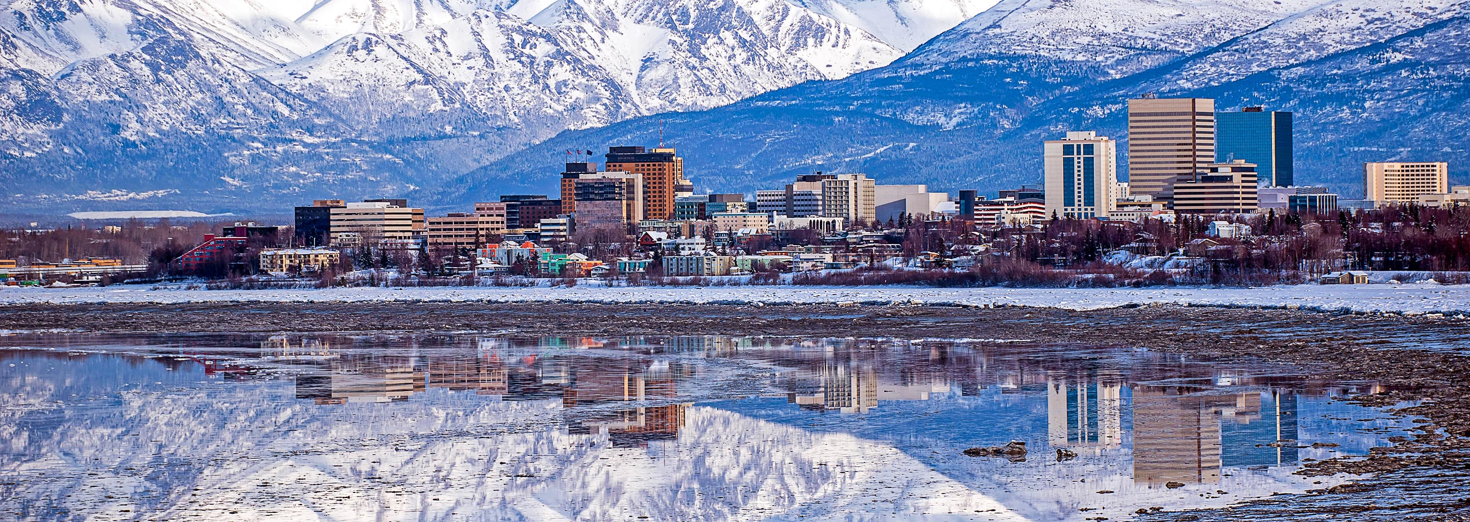 Scenic view of snow covering downtown Anchorage, Alaska.
