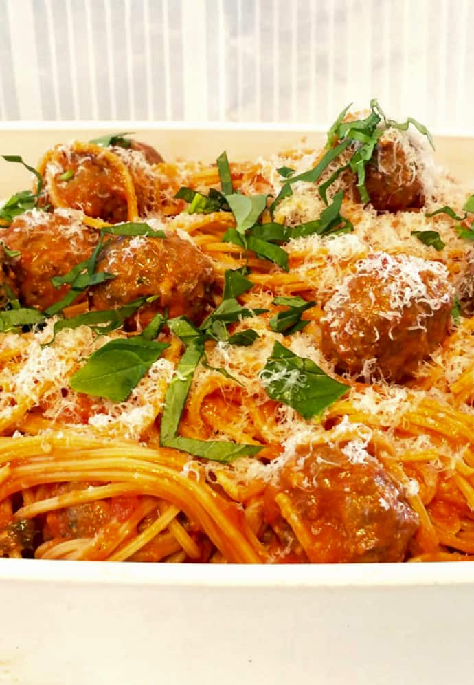 spaghetti and meatballs made fresh daily
