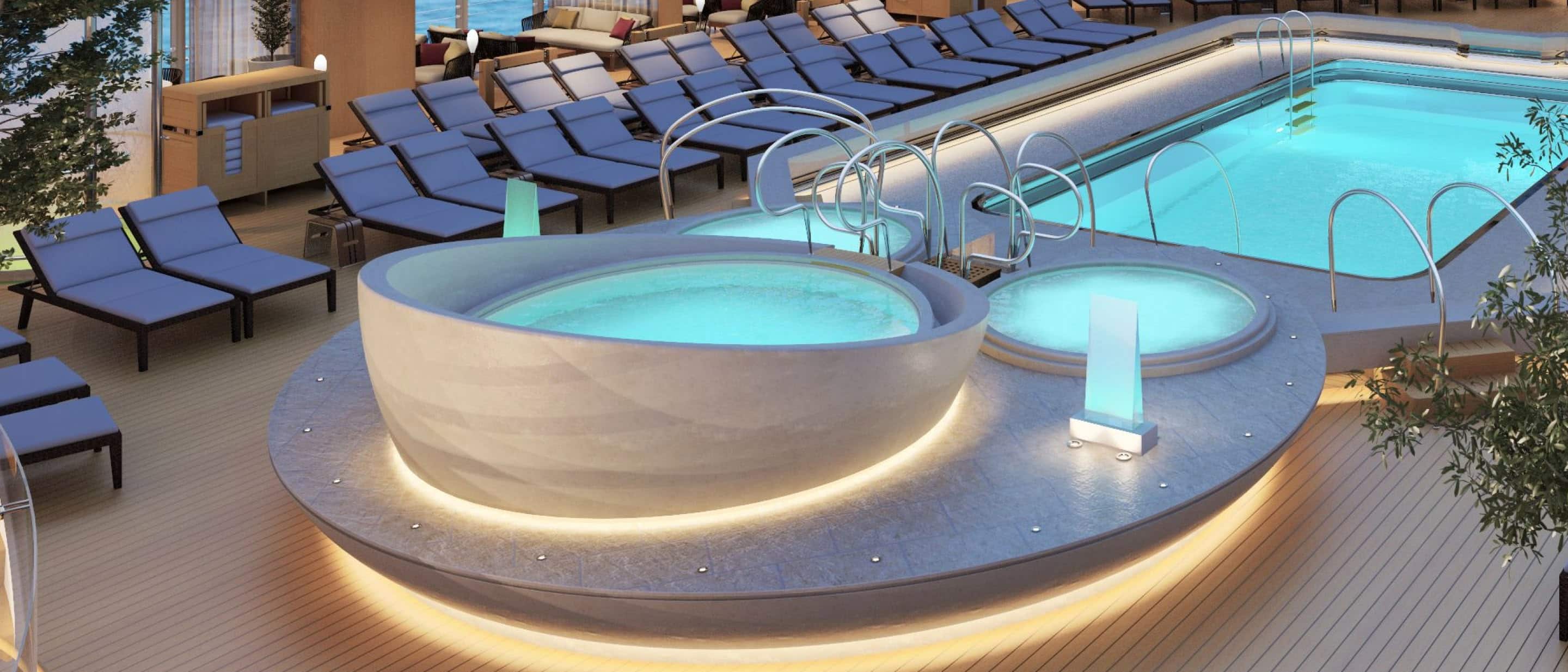 Illuminated hot tub on a Holland America cruise ship deck beside a pool and lounge chairs.