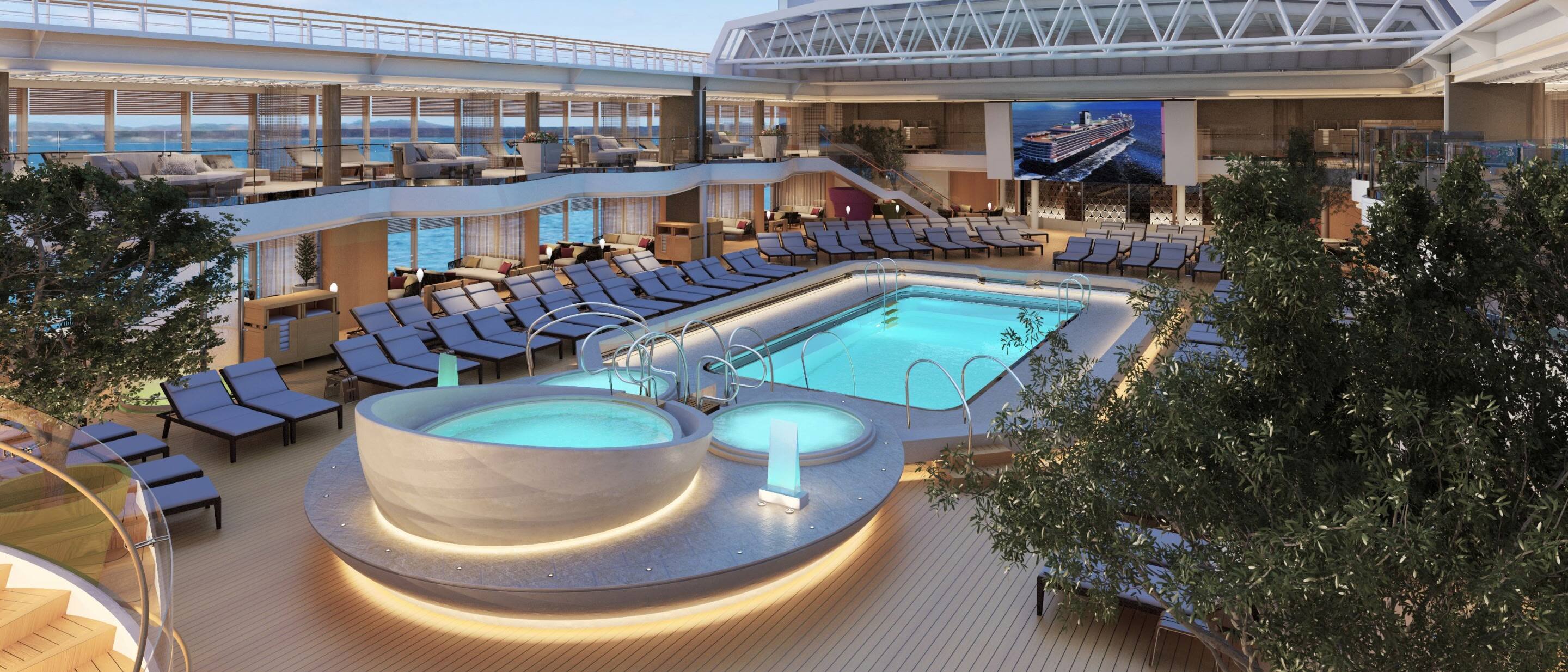 Lido Pool on Holland America cruise ship with spacious deck, loungers, and glass roof for all-weather swimming.