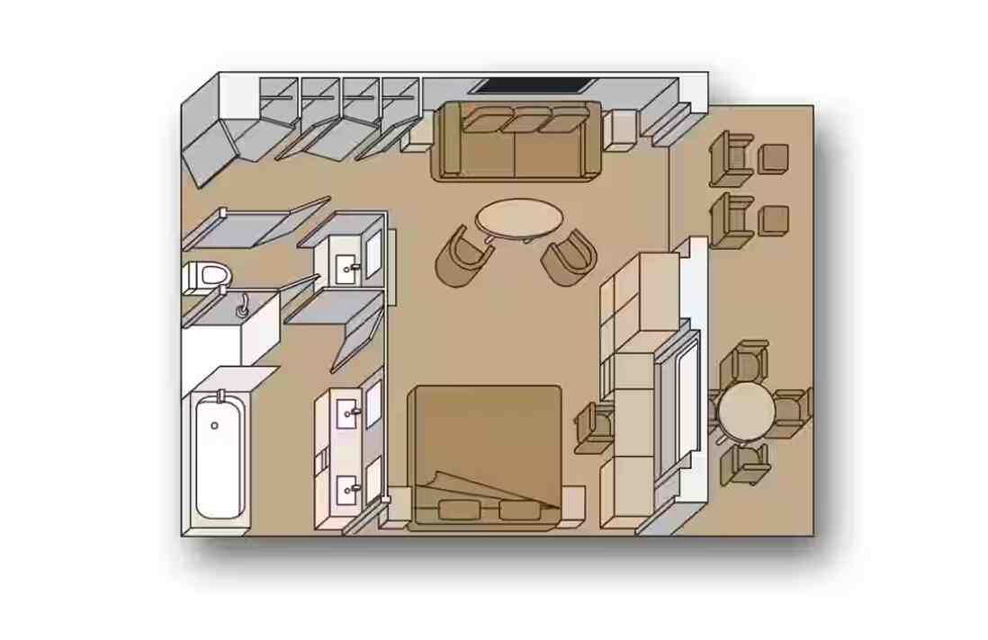 Floor plan of Neptune Suite layout with bedroom, living area, and balcony space aboard a Holland America cruise ship.
