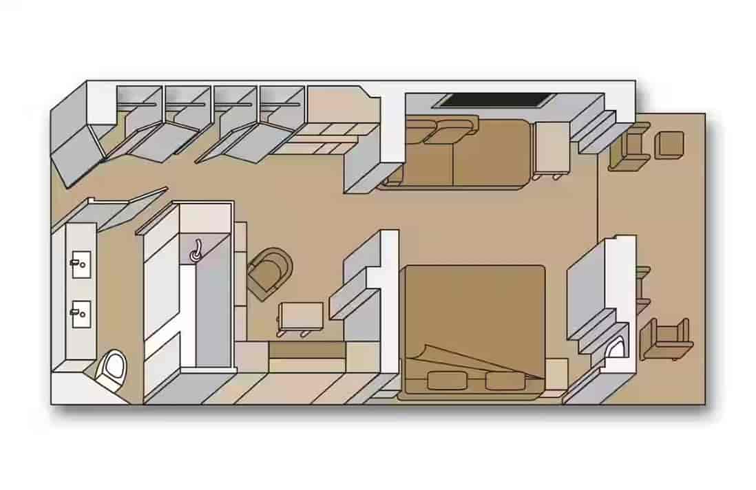 Signature Suite floor plan with king bed, seating area, and private balcony aboard a Holland America cruise ship.