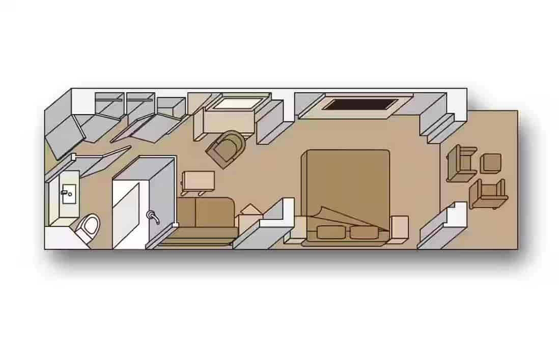 Vista Suite floor plan with bedroom, living area, bathroom, and private balcony aboard a Holland America cruise ship.