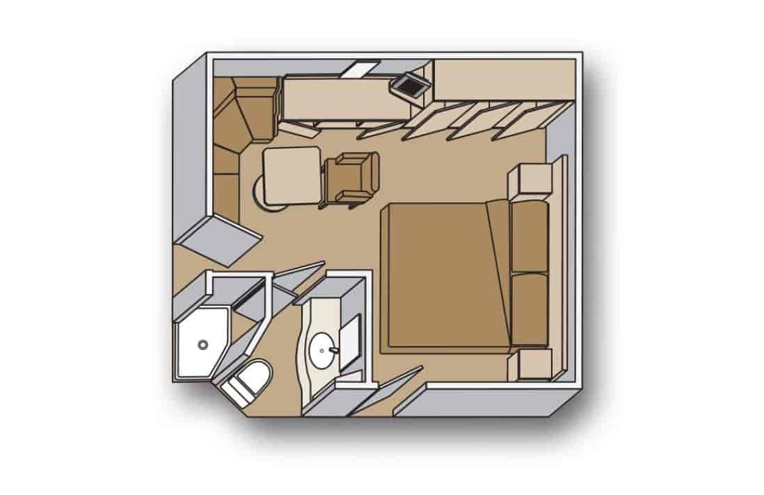 Diagram of an inside stateroom on a Holland America ship showing the bed, bathroom, closets, and seating area.