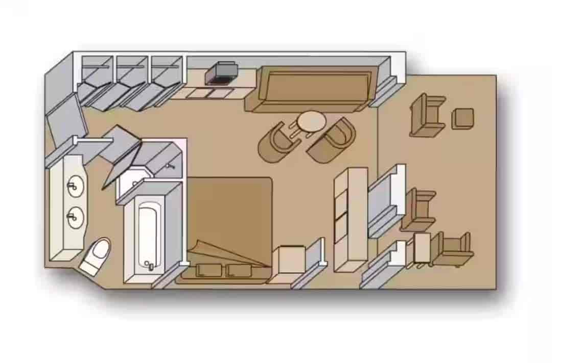 Diagram of a Signature Suite on a Holland America ship showing the bed, bathroom, closets, seating area, and balcony.