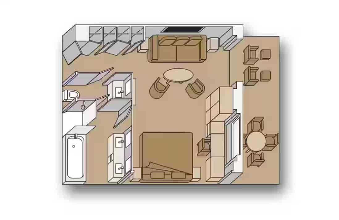 Floor plan of Neptune Suite layout with bedroom, living area, and balcony space aboard a Holland America cruise ship.